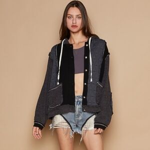 POL Black & Gray Quilted Waffle Knit Hooded Button Down Bomber Jacket Shacket